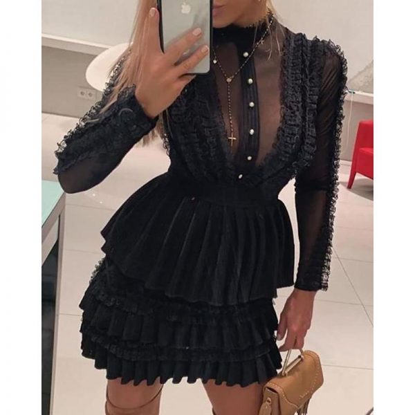 Bodycon Dress Women Long Sleeve Turtleneck-neck Black Lace Party Dress Elegant Layerd Design A-line Pleated Vestido Summer - Takalr