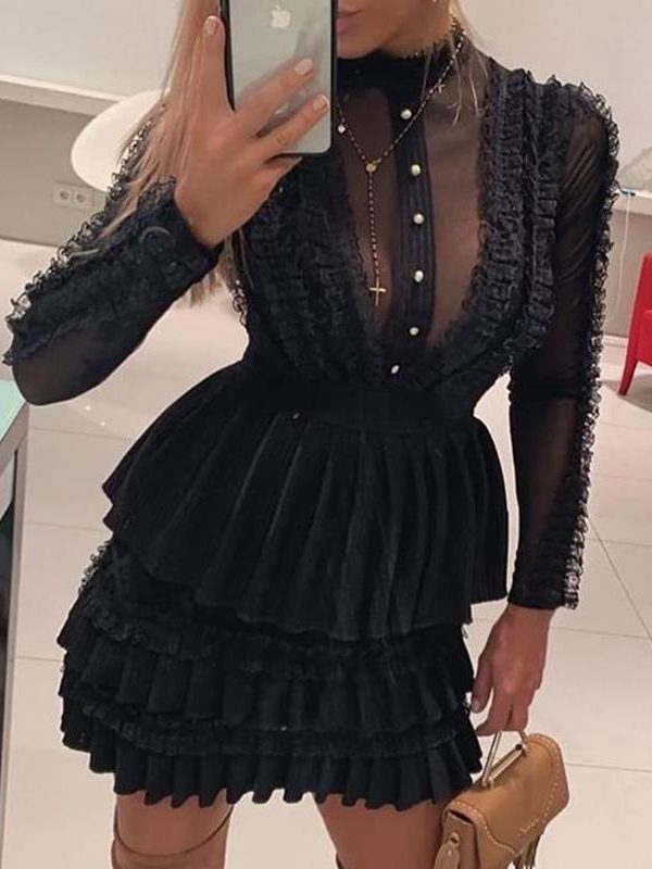 Bodycon Dress Women Long Sleeve Turtleneck-neck Black Lace Party Dress Elegant Layerd Design A-line Pleated Vestido Summer - Takalr