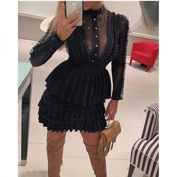 Bodycon Dress Women Long Sleeve Turtleneck-neck Black Lace Party Dress Elegant Layerd Design A-line Pleated Vestido Summer - Takalr