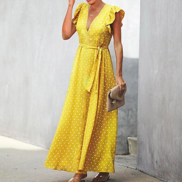 Bohemian dot print maxi dress Ruffle sleeve v neck sexy women dress Summer Sashes wrap dresses Casual boho beach robe femme - Takalr