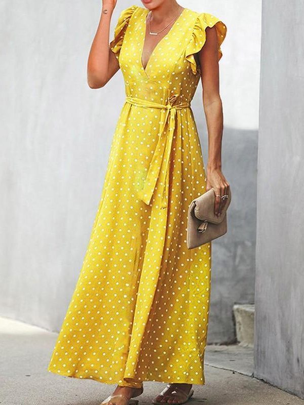 Bohemian dot print maxi dress Ruffle sleeve v neck sexy women dress Summer Sashes wrap dresses Casual boho beach robe femme - Takalr