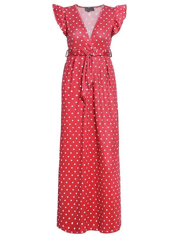 Bohemian dot print maxi dress Ruffle sleeve v neck sexy women dress Summer Sashes wrap dresses Casual boho beach robe femme - Takalr