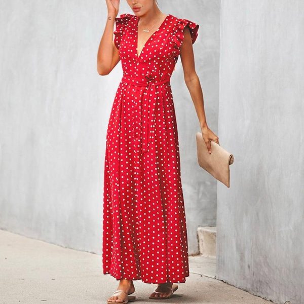 Bohemian dot print maxi dress Ruffle sleeve v neck sexy women dress Summer Sashes wrap dresses Casual boho beach robe femme - Takalr