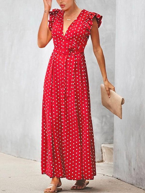 Bohemian dot print maxi dress Ruffle sleeve v neck sexy women dress Summer Sashes wrap dresses Casual boho beach robe femme - Takalr