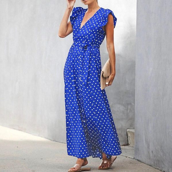 Bohemian dot print maxi dress Ruffle sleeve v neck sexy women dress Summer Sashes wrap dresses Casual boho beach robe femme - Takalr