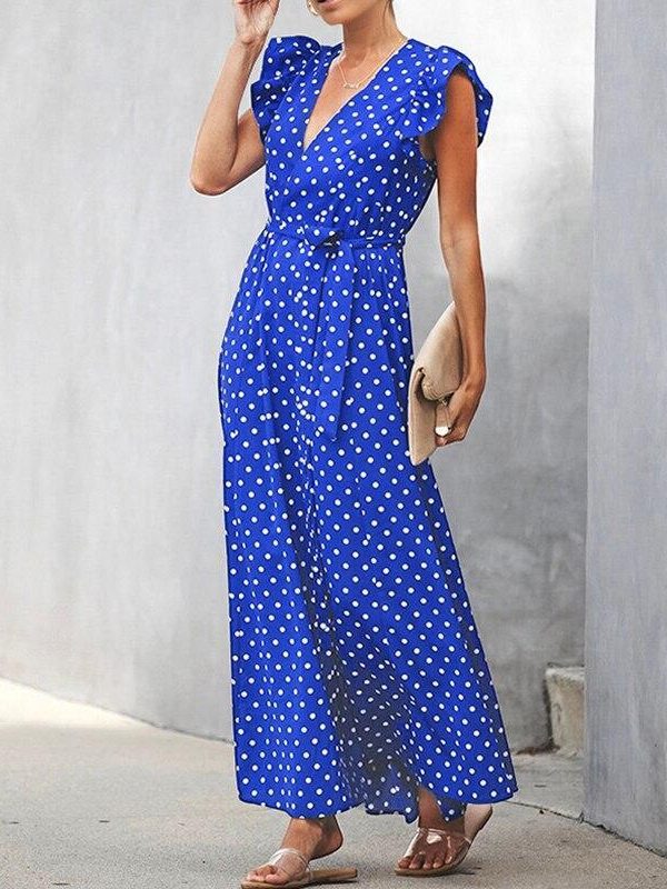 Bohemian dot print maxi dress Ruffle sleeve v neck sexy women dress Summer Sashes wrap dresses Casual boho beach robe femme - Takalr