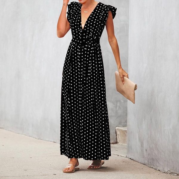 Bohemian dot print maxi dress Ruffle sleeve v neck sexy women dress Summer Sashes wrap dresses Casual boho beach robe femme - Takalr