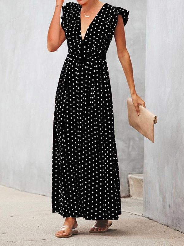 Bohemian dot print maxi dress Ruffle sleeve v neck sexy women dress Summer Sashes wrap dresses Casual boho beach robe femme - Takalr