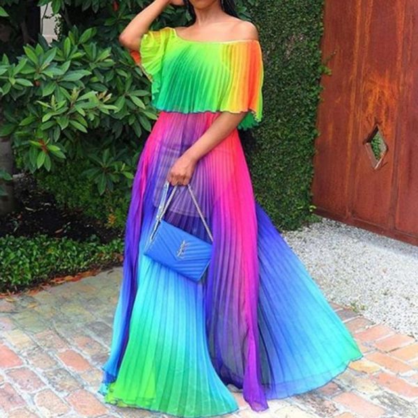 Bohemian off shoulder maxi dress women strapless long pleated dress  Fashion boho beach party dresses robe femme - Takalr