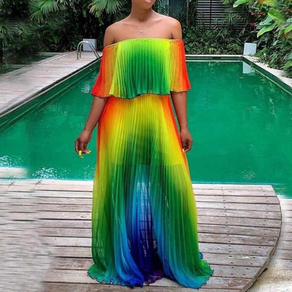 Bohemian off shoulder maxi dress women strapless long pleated dress  Fashion boho beach party dresses robe femme - Takalr