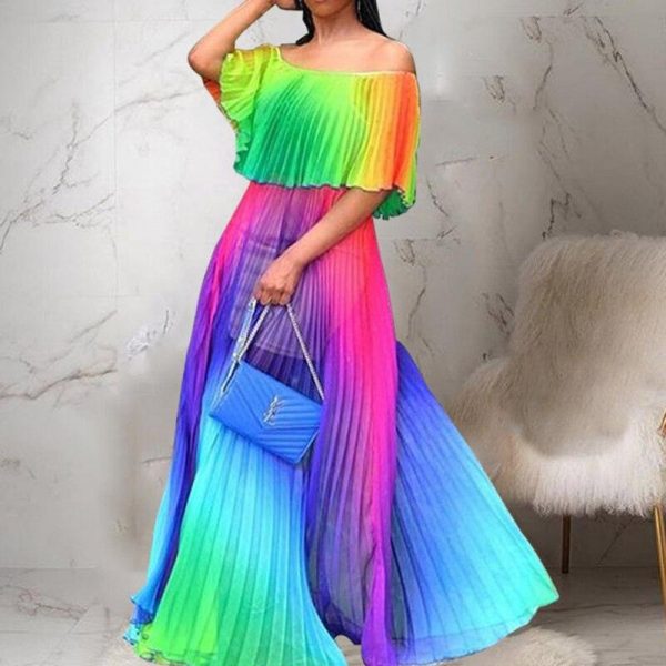 Bohemian off shoulder maxi dress women strapless long pleated dress  Fashion boho beach party dresses robe femme - Takalr