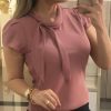 Bow Tied Neck Short Sleeve T Shirt Women Solid Pink Slim Cauasl Tops Summer Elegant Ladies Tshirt Blusa - Takalr