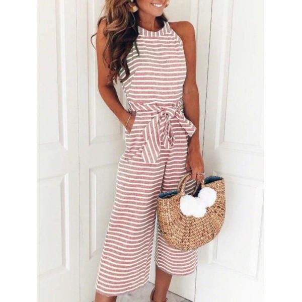 Bow waist sleeveless overalls female New fashion wide leg pants jumpsuits with pocket Women striped printed jumpsuit romper - Takalr