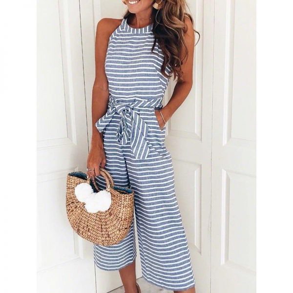 Bow waist sleeveless overalls female New fashion wide leg pants jumpsuits with pocket Women striped printed jumpsuit romper - Takalr