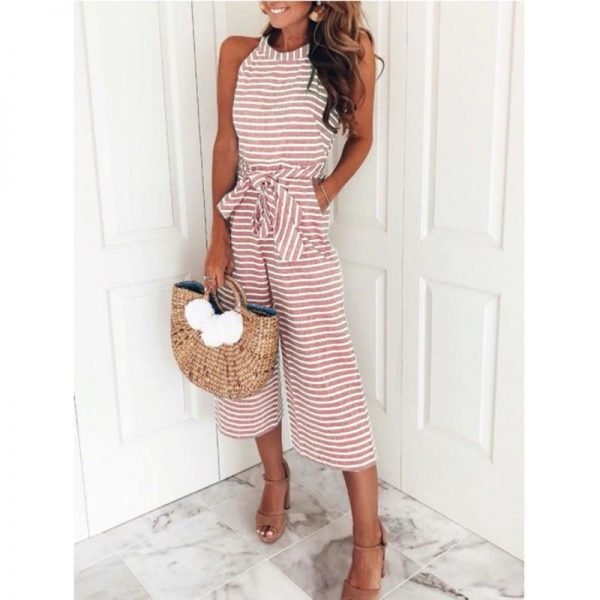 Bow waist sleeveless overalls female New fashion wide leg pants jumpsuits with pocket Women striped printed jumpsuit romper - Takalr