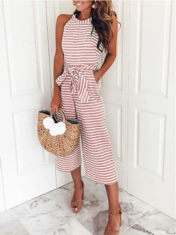 Bow waist sleeveless overalls female New fashion wide leg pants jumpsuits with pocket Women striped printed jumpsuit romper - Takalr