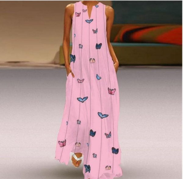 Butterfly long maxi dress women Summer Sleeveless front cutout boho beach dresses Casual loose sundress robe femme - Takalr