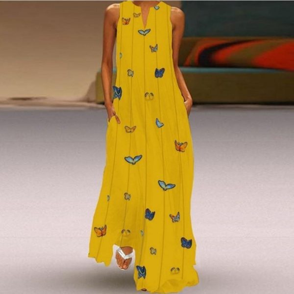 Butterfly long maxi dress women Summer Sleeveless front cutout boho beach dresses Casual loose sundress robe femme - Takalr