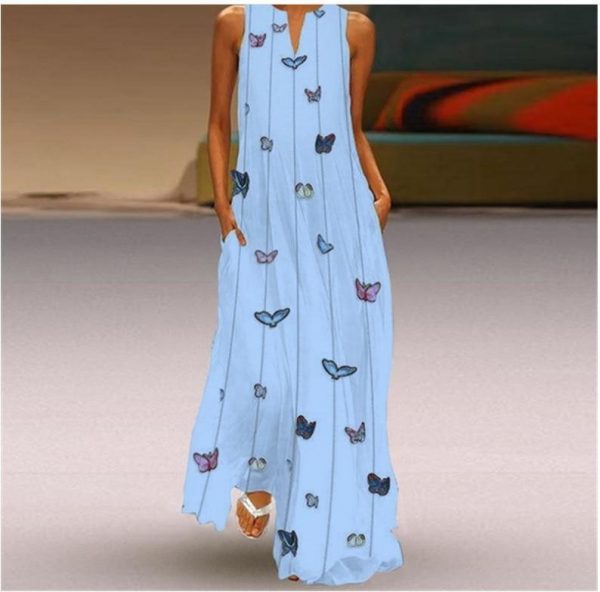 Butterfly long maxi dress women Summer Sleeveless front cutout boho beach dresses Casual loose sundress robe femme - Takalr