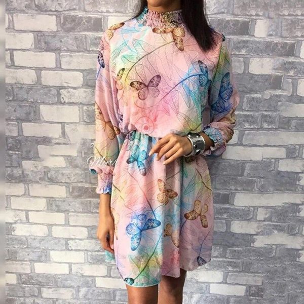 Butterfly print chiffon dress Summer long sleeve pleated women dress Casual colorful print short sundress vestidos mujer - Takalr