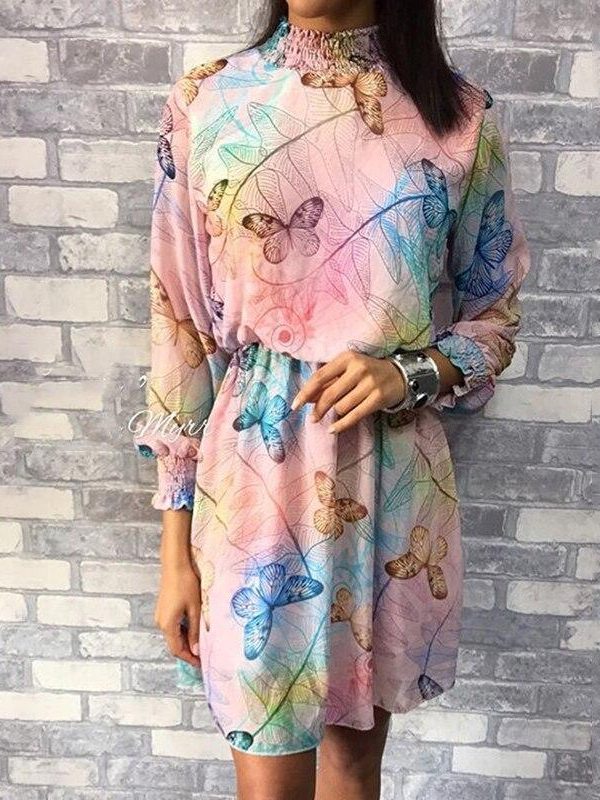 Butterfly print chiffon dress Summer long sleeve pleated women dress Casual colorful print short sundress vestidos mujer - Takalr