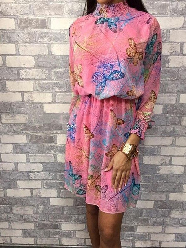 Butterfly print chiffon dress Summer long sleeve pleated women dress Casual colorful print short sundress vestidos mujer - Takalr