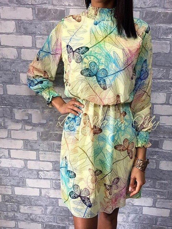 Butterfly print chiffon dress Summer long sleeve pleated women dress Casual colorful print short sundress vestidos mujer - Takalr