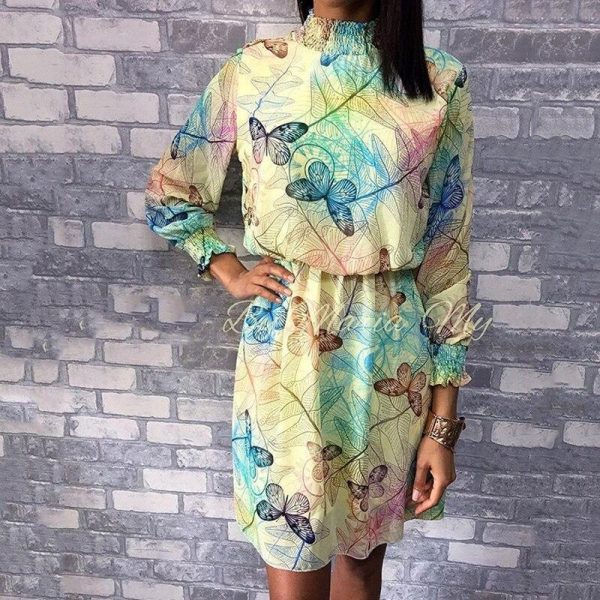 Butterfly print chiffon dress Summer long sleeve pleated women dress Casual colorful print short sundress vestidos mujer - Takalr