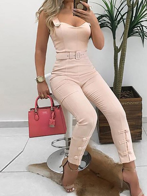 Buttom leg belted jumpsuit for women Spaghetti strap long jumpsuit pants womens rompers Summer bodycon overalls body mujer - Takalr