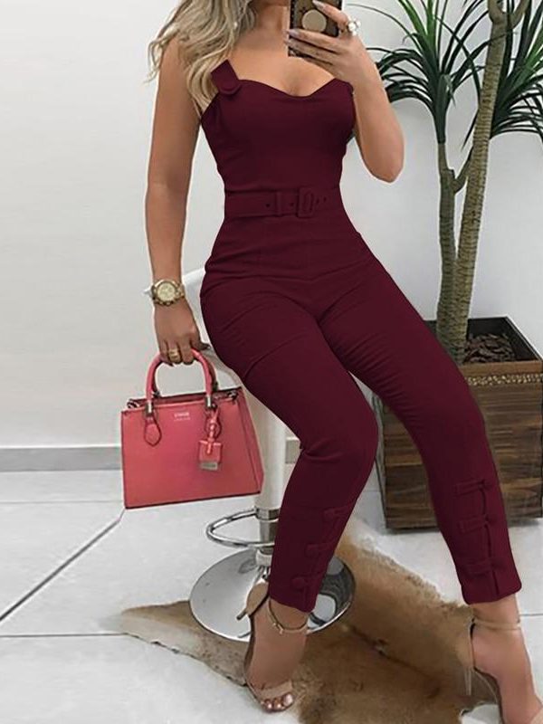 Buttom leg belted jumpsuit for women Spaghetti strap long jumpsuit pants womens rompers Summer bodycon overalls body mujer - Takalr