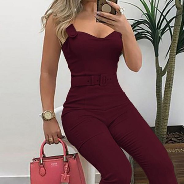 Buttom leg belted jumpsuit for women Spaghetti strap long jumpsuit pants womens rompers Summer bodycon overalls body mujer - Takalr