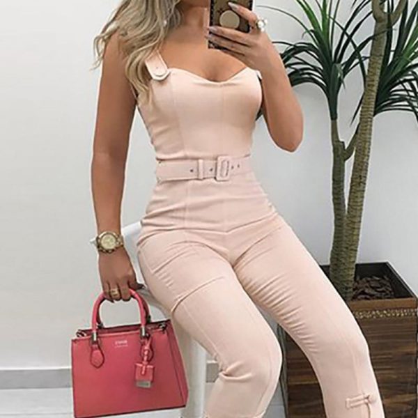 Buttom leg belted jumpsuit for women Spaghetti strap long jumpsuit pants womens rompers Summer bodycon overalls body mujer - Takalr