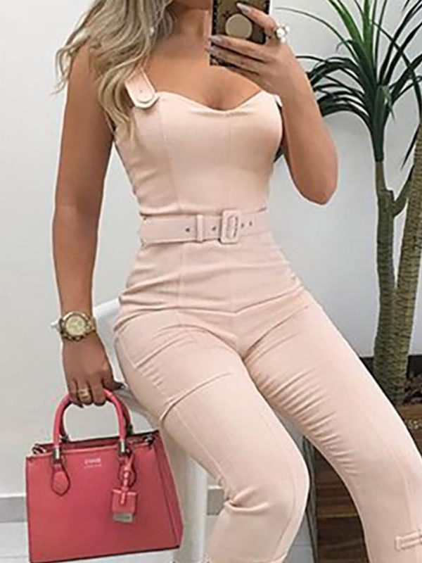 Buttom leg belted jumpsuit for women Spaghetti strap long jumpsuit pants womens rompers Summer bodycon overalls body mujer - Takalr