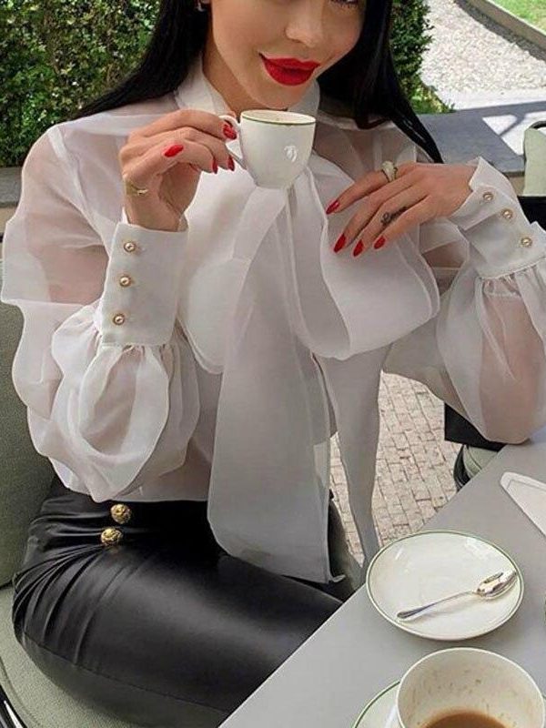 Button down sleeve blouse shirt women Transparent bpw neck summer tops Elegant office ladies white shirt strettwear Blusa femme - Takalr