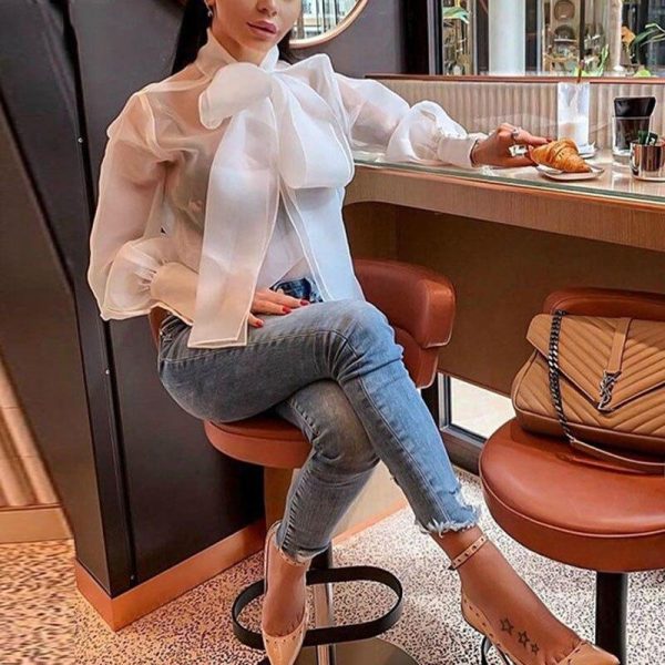 Button down sleeve blouse shirt women Transparent bpw neck summer tops Elegant office ladies white shirt strettwear Blusa femme - Takalr