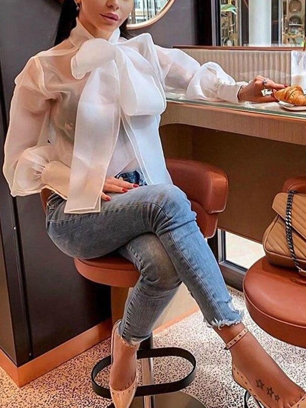 Button down sleeve blouse shirt women Transparent bpw neck summer tops Elegant office ladies white shirt strettwear Blusa femme - Takalr