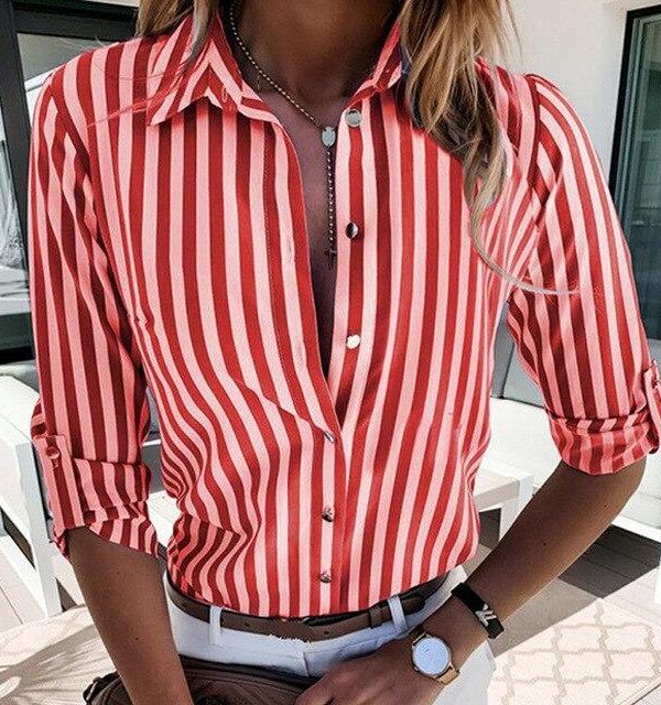 Casual Fashion Striped Long Sleeve Women Blouse Casual Women Officewear Long Sleeve Women Tops and Shirt Fall Clothing - Takalr