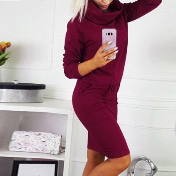 Casual Green Red Loose TurtleNeck Long Sleeve Women Dress with Pockets Midi Dresses Party Dress Winter Dress - Takalr