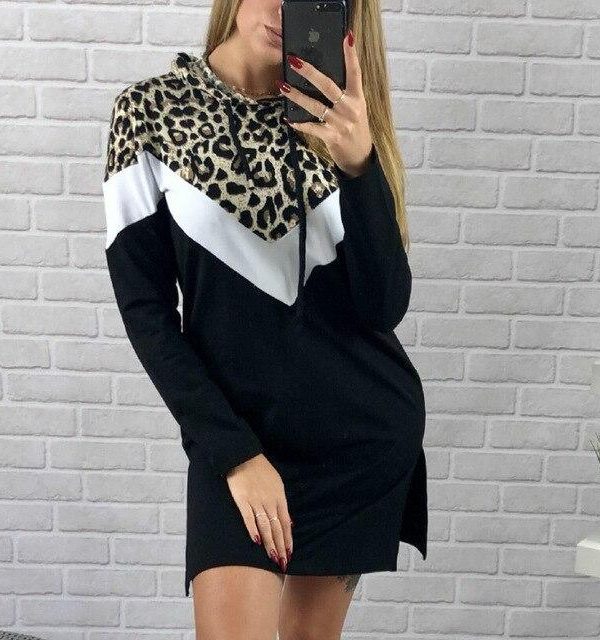 Casual Long Sleeve Women Dress Fall Clothing Leopard Patchwork Long Sleeve Women Hoodies Mini Dress - Takalr