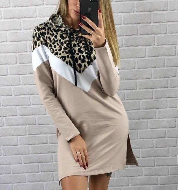 Casual Long Sleeve Women Dress Fall Clothing Leopard Patchwork Long Sleeve Women Hoodies Mini Dress - Takalr