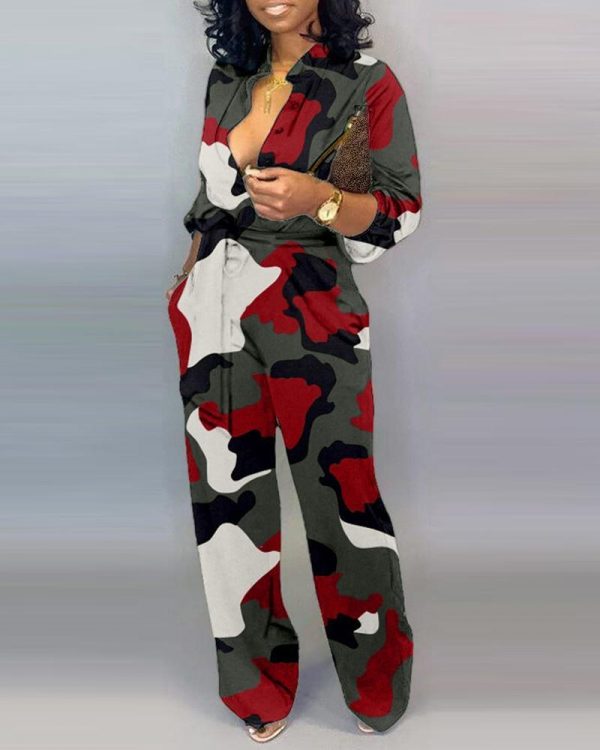 Casual Loose Long Jumpsuit Women V Neck Camouflage Print Buttoned Jumpsuit Long Sleeve Rompers Party Club Jumpsuits - Takalr