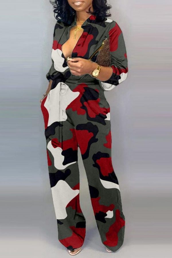 Casual Loose Long Jumpsuit Women V Neck Camouflage Print Buttoned Jumpsuit Long Sleeve Rompers Party Club Jumpsuits - Takalr