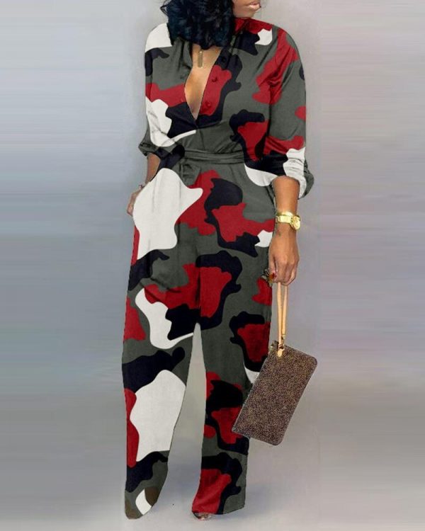 Casual Loose Long Jumpsuit Women V Neck Camouflage Print Buttoned Jumpsuit Long Sleeve Rompers Party Club Jumpsuits - Takalr