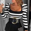 Casual Puff sleeve tops Square Collar black and white Striped long sleeve Shirt  Autumn streetwear slim Party blusa femme - Takalr