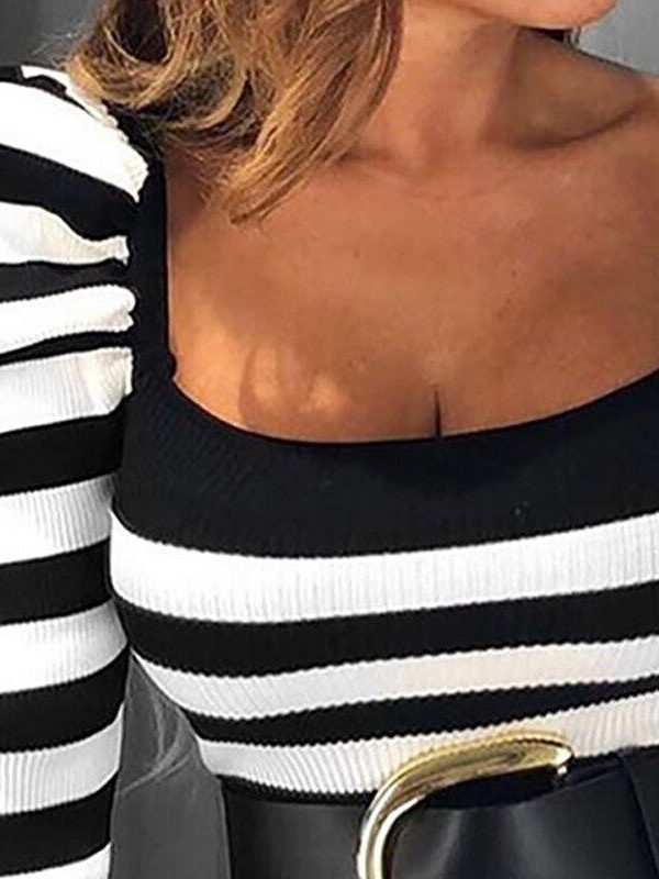 Casual Puff sleeve tops Square Collar black and white Striped long sleeve Shirt  Autumn streetwear slim Party blusa femme - Takalr