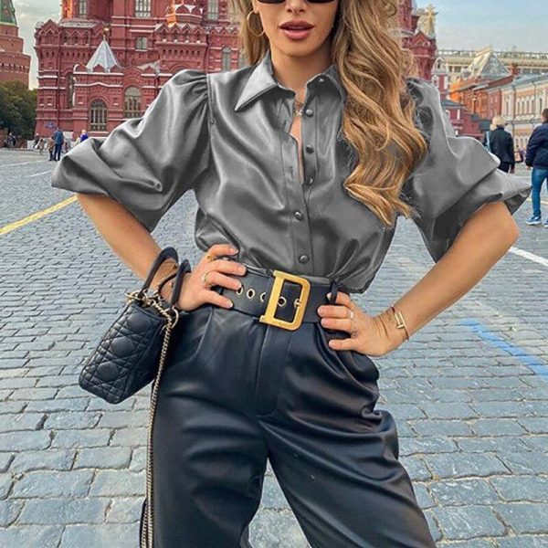 Casual Slim Pu Leather Shirt Women Blouse Tops Half Sleeve Turn Down Collar Singler Breasted Leather Puff Sleeve Tops Blusa - Takalr