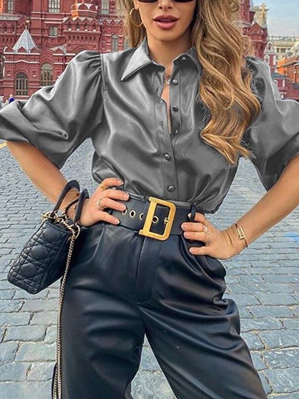 Casual Slim Pu Leather Shirt Women Blouse Tops Half Sleeve Turn Down Collar Singler Breasted Leather Puff Sleeve Tops Blusa - Takalr