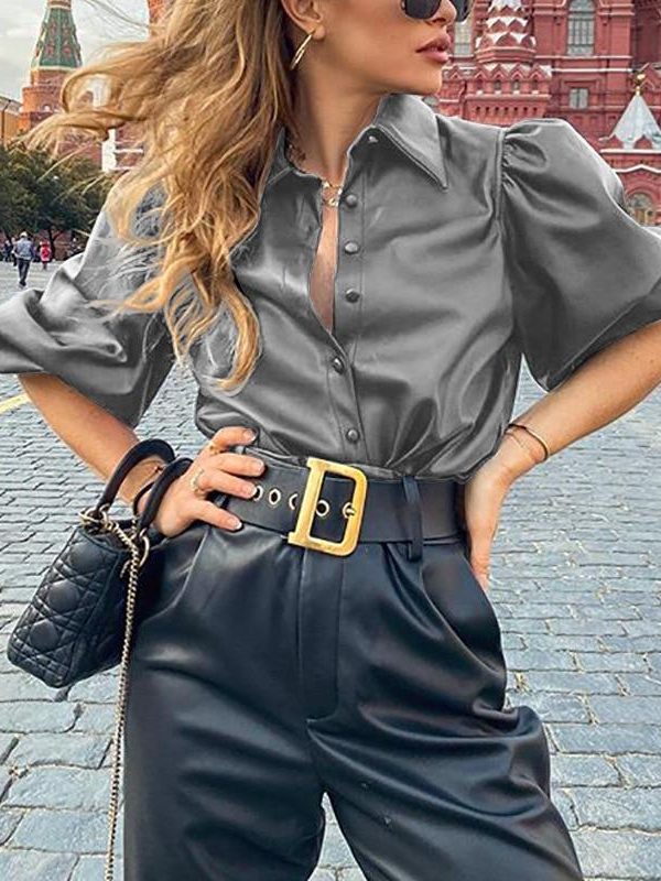 Casual Slim Pu Leather Shirt Women Blouse Tops Half Sleeve Turn Down Collar Singler Breasted Leather Puff Sleeve Tops Blusa - Takalr