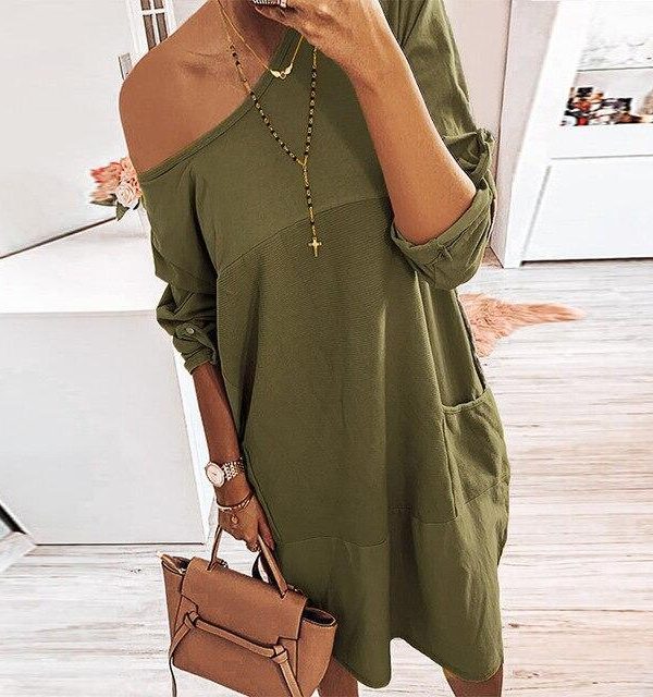 Casual Solid Color Round Neck Long Sleeve Women Dress Casual Women Shirt Dress Fashion Long Sleeve Dress Women - Takalr