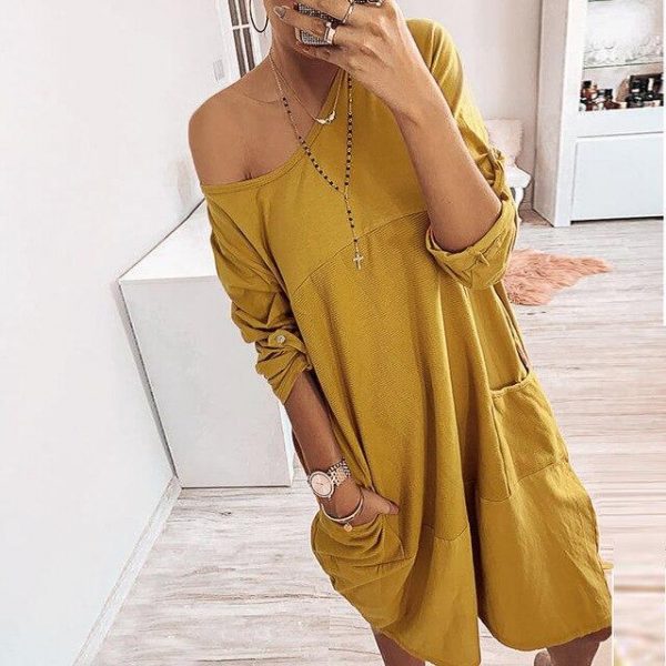 Casual Solid Color Round Neck Long Sleeve Women Dress Casual Women Shirt Dress Fashion Long Sleeve Dress Women - Takalr